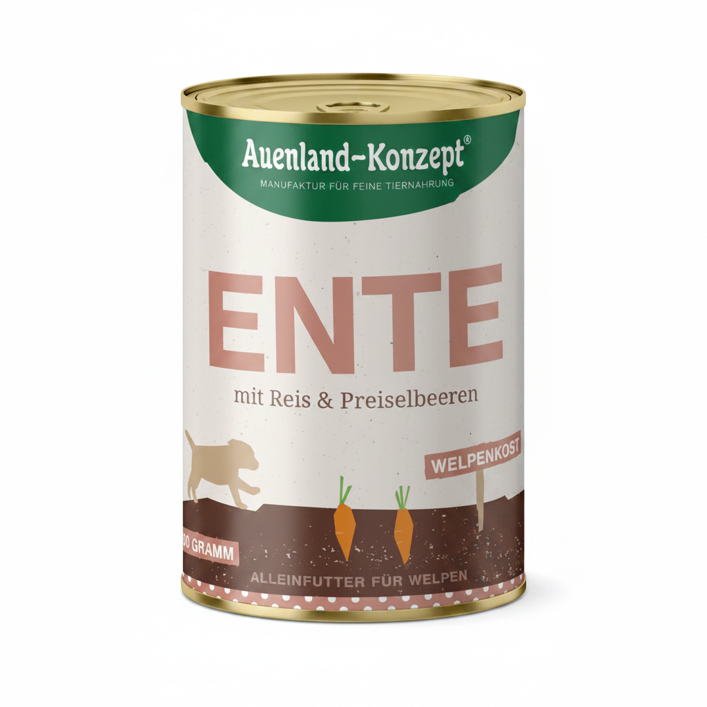 Auenland Welpenkost | Ente mit Reis & Preiselbeeren 400g